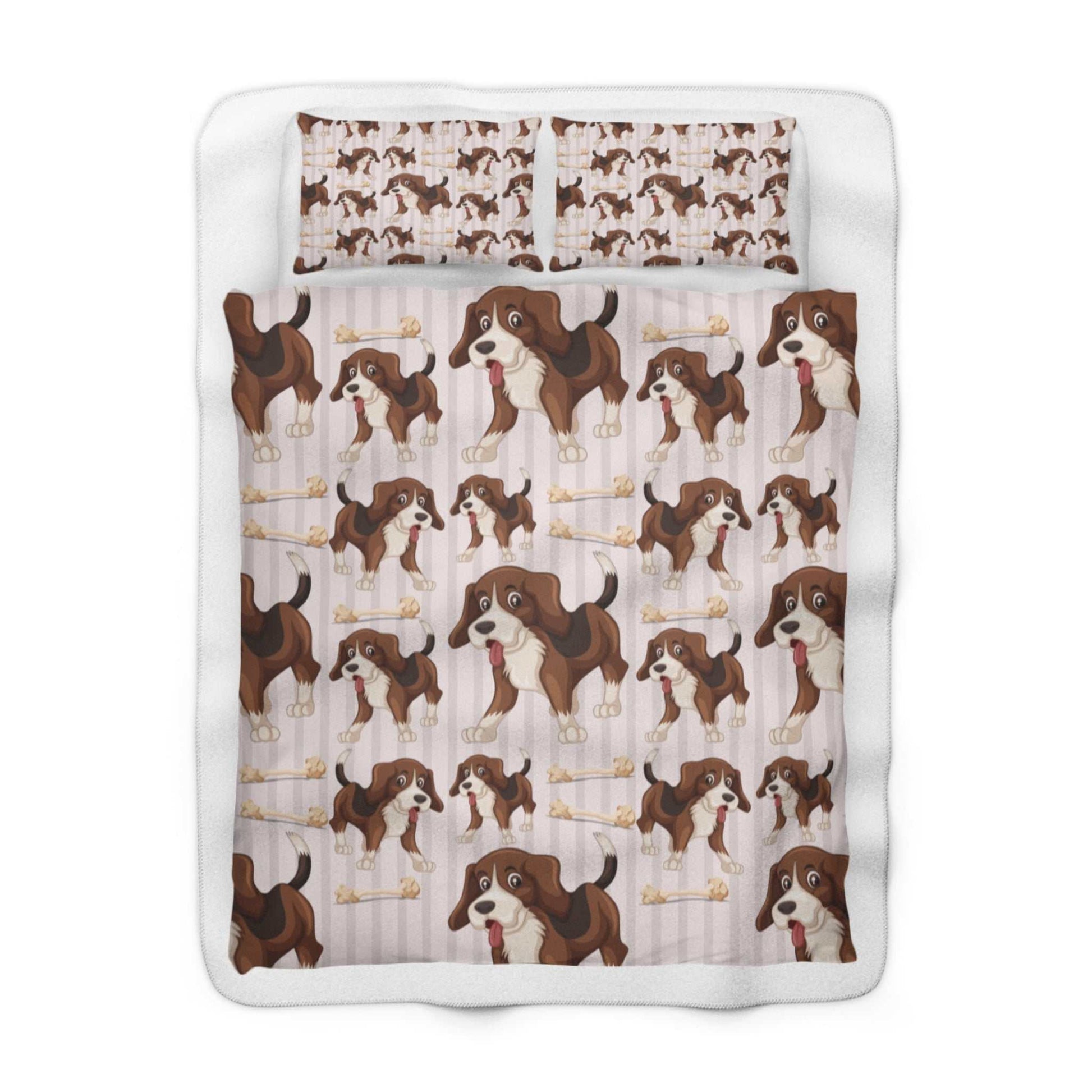 Sherpa fleece blanket with dog cartoon pattern, plush and cozy for snuggling.