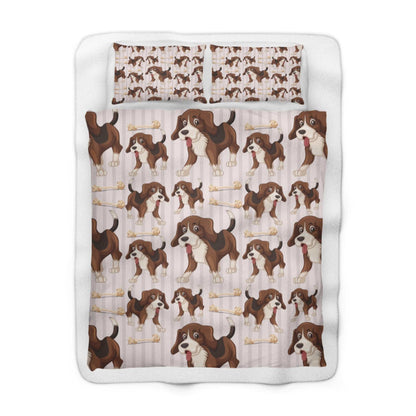 Sherpa fleece blanket with dog cartoon pattern, plush and cozy for snuggling.