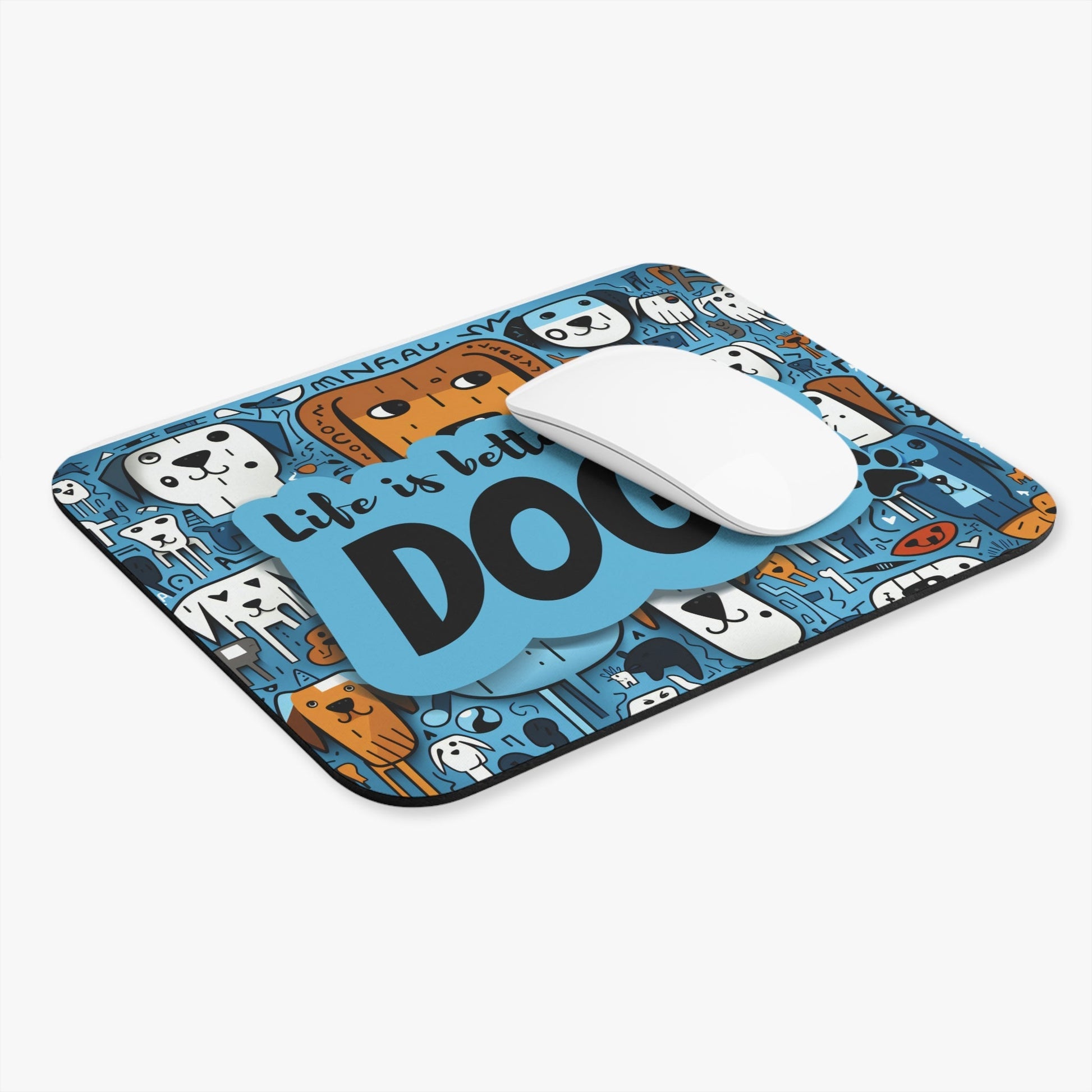 Rectangle Mouse Pad with dog design, stain-resistant cloth top, rubber base for firm grip.