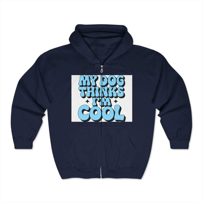 Unisex Heavy Blend™ Full Zip Hooded Sweatshirt with "My Dog Thinks I'm Cool" design, navy, classic fit.