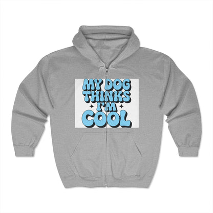 Unisex Heavy Blend™ Full Zip Hooded Sweatshirt with "My Dog Thinks I'm Cool" graphic, gray color.