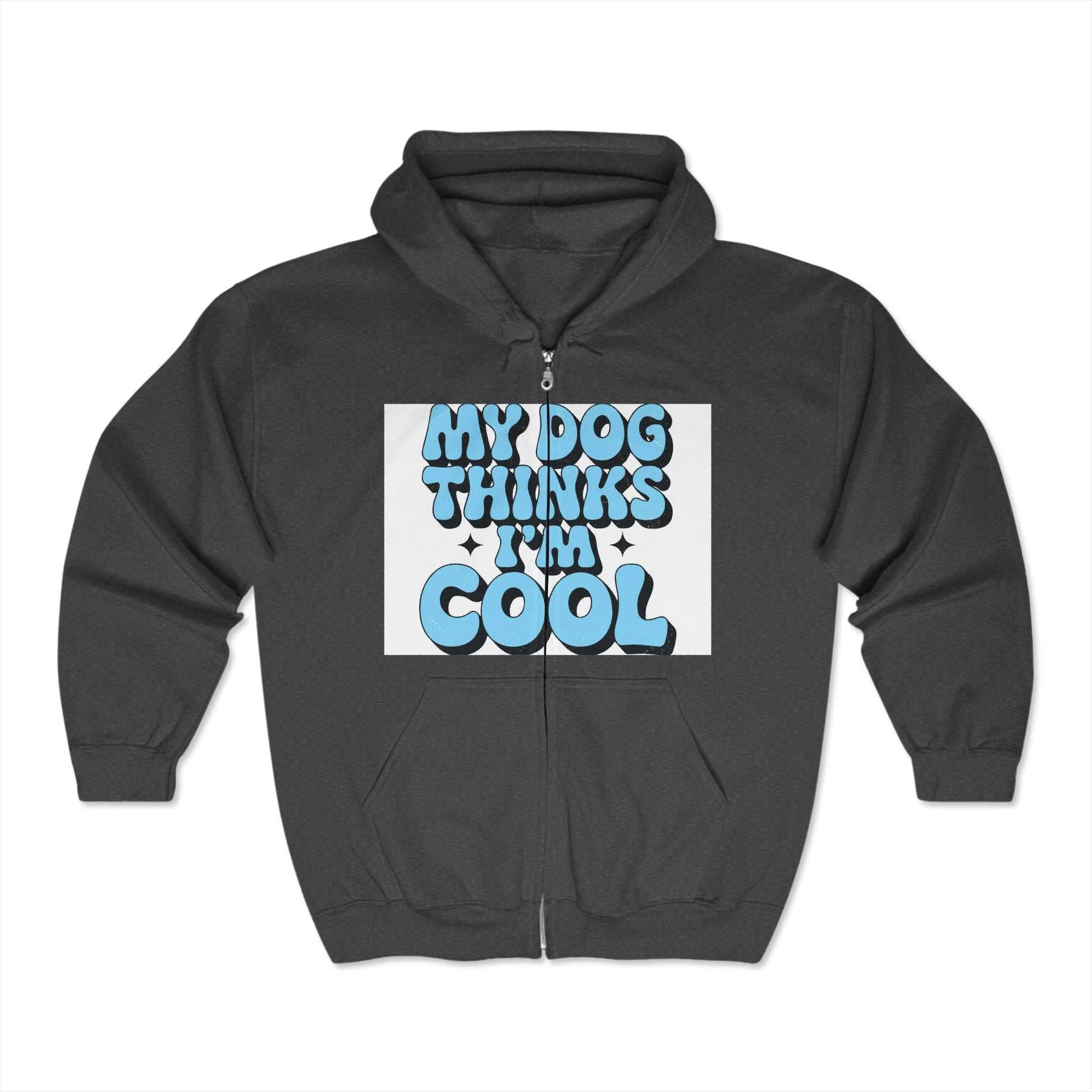 Unisex Heavy Blend™ Full Zip Hooded Sweatshirt with "My Dog Thinks I'm Cool" graphic, featuring soft fleece and classic fit.