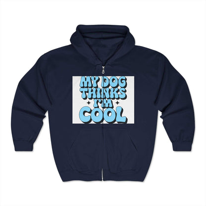 Unisex Heavy Blend™ Full Zip Hooded Sweatshirt with "My Dog Thinks I'm Cool" graphic, navy color, 50% cotton 50% polyester.