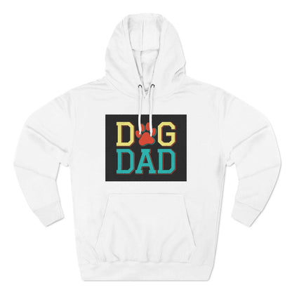 Three-Panel Fleece Hoodie with "Dog Dad" design, cozy pullover in white.
