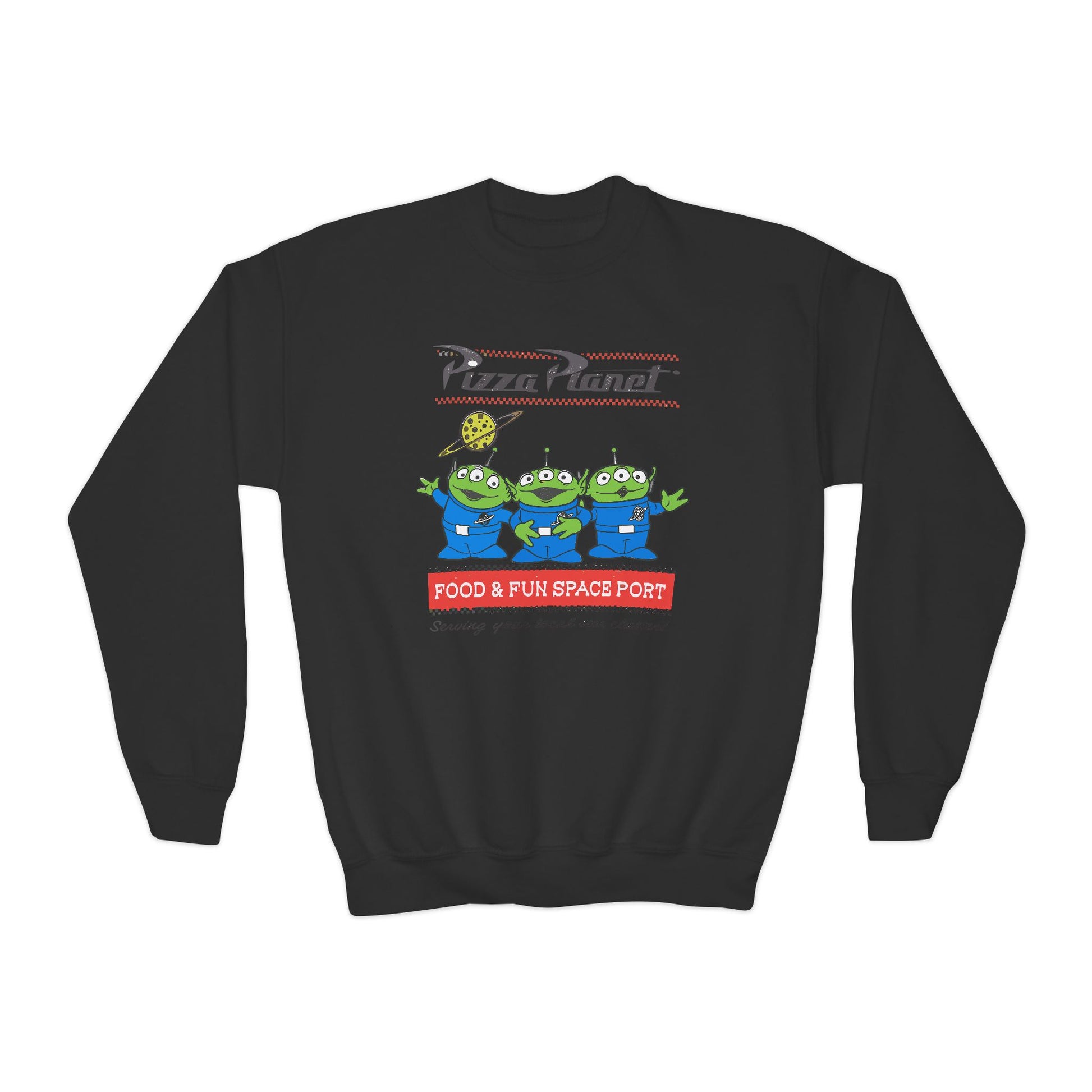 Pizza Planet Youth Crewneck Sweatshirt | Fun & Playful Gift for Kids, Space Theme Apparel, Ideal for Birthdays, Halloween, Everyday Wear - Toddcraft