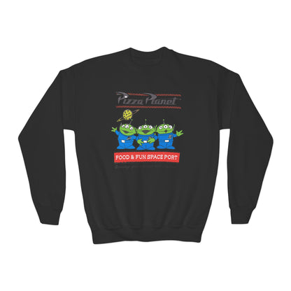 Pizza Planet Youth Crewneck Sweatshirt | Fun & Playful Gift for Kids, Space Theme Apparel, Ideal for Birthdays, Halloween, Everyday Wear - Toddcraft
