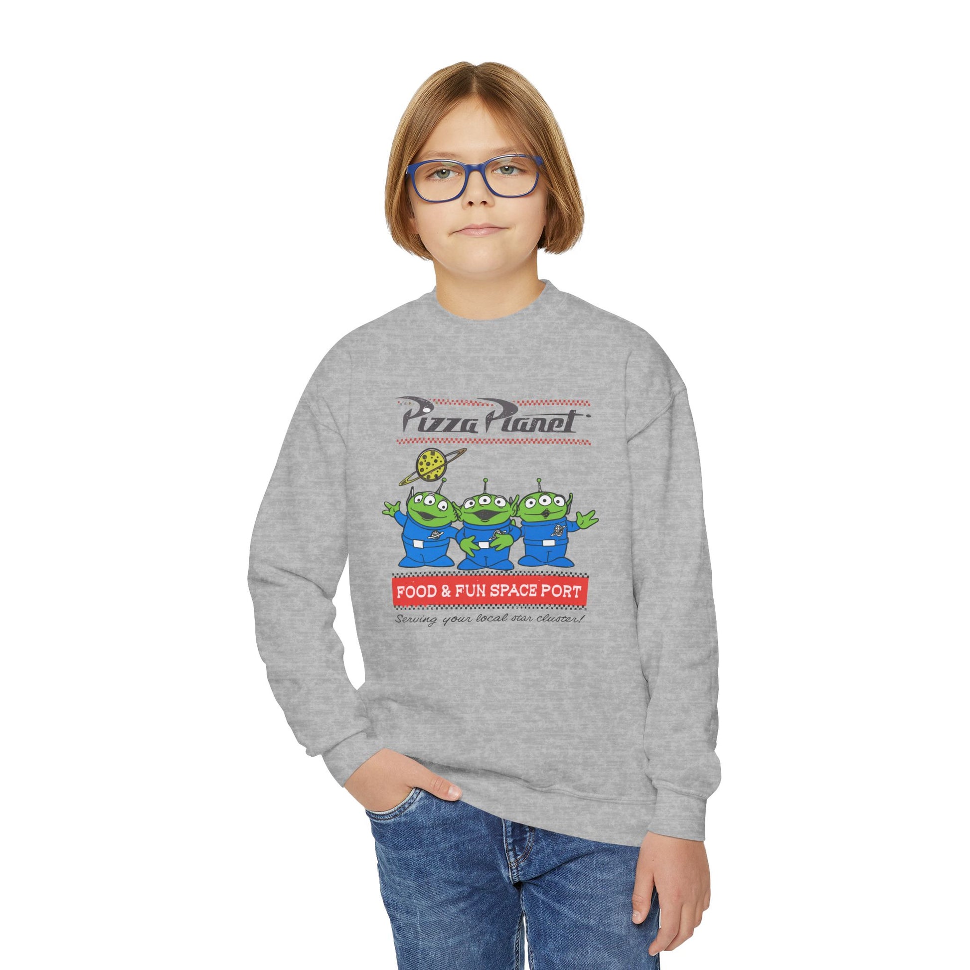 Pizza Planet Youth Crewneck Sweatshirt | Fun & Playful Gift for Kids, Space Theme Apparel, Ideal for Birthdays, Halloween, Everyday Wear - Toddcraft