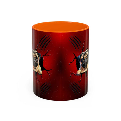 Accent coffee mug 11-15 oz with red and orange design featuring a pug illustration and scratch marks.