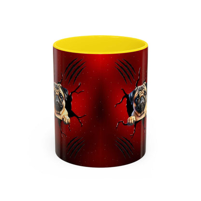 Accent coffee mug with yellow interior, pug design, 11-15 oz, ceramic, glossy finish.