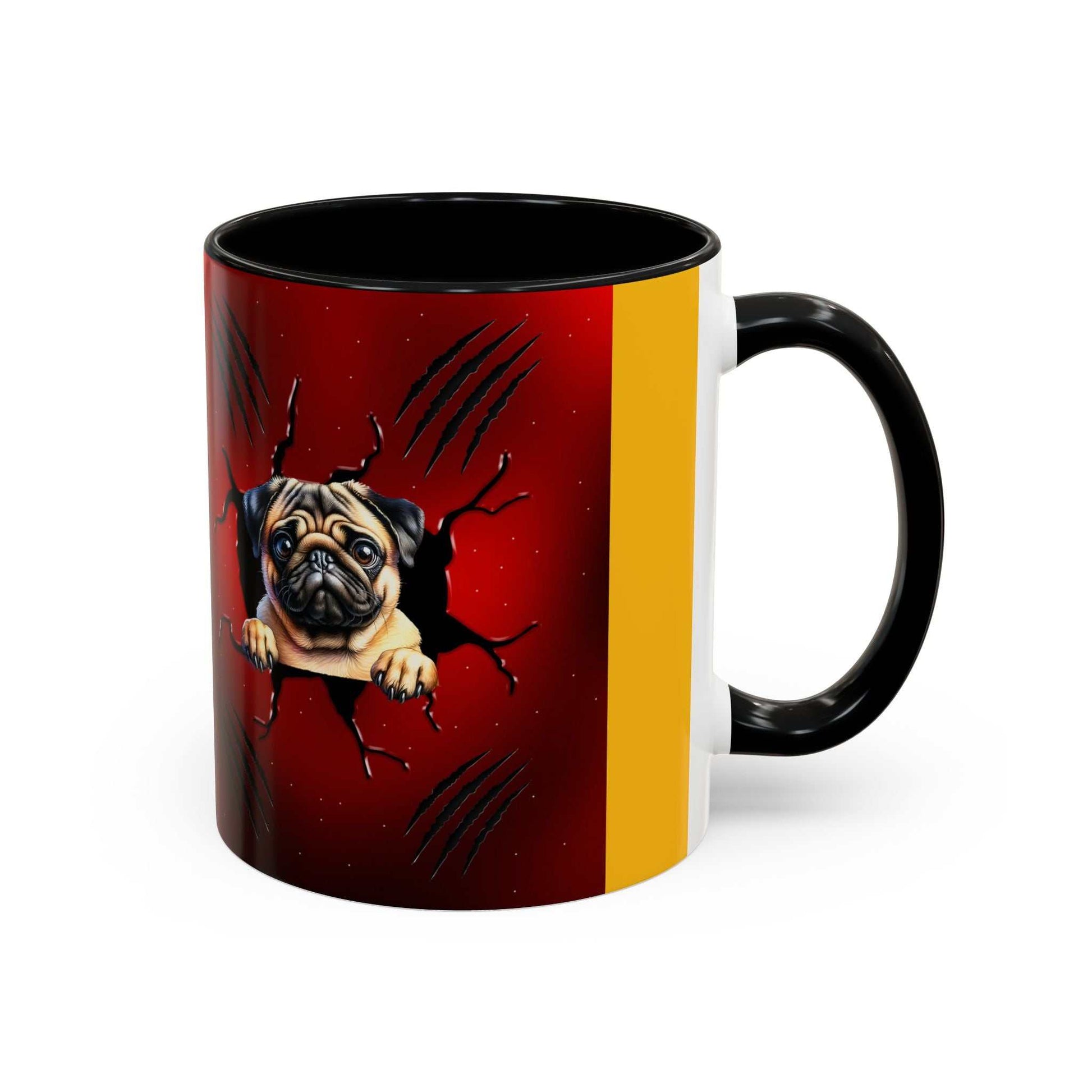 Accent coffee mug 11-15 oz with pug design, black handle, and red-yellow contrast.