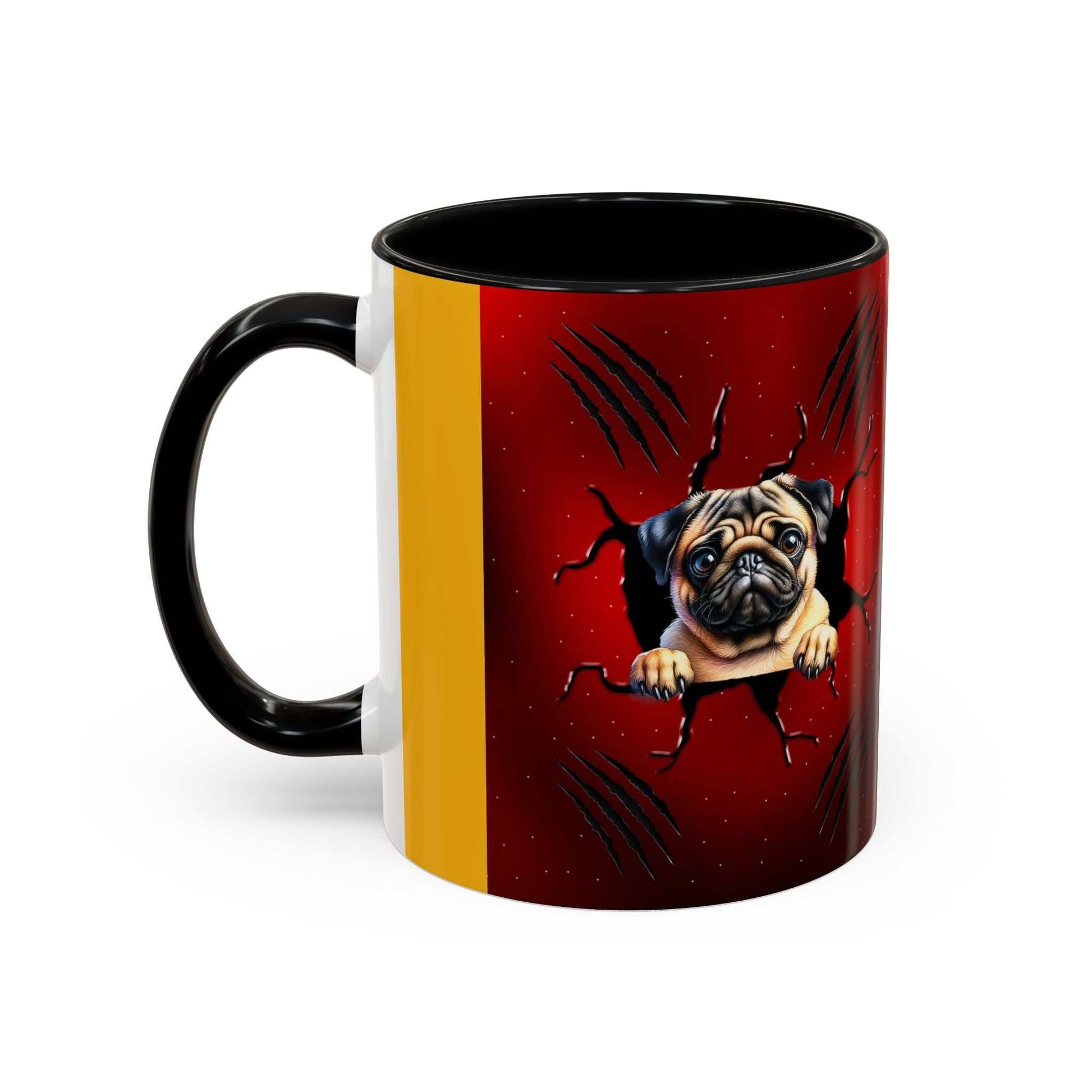 Accent coffee mug 11-15 oz with pug design, black interior, and handle.
