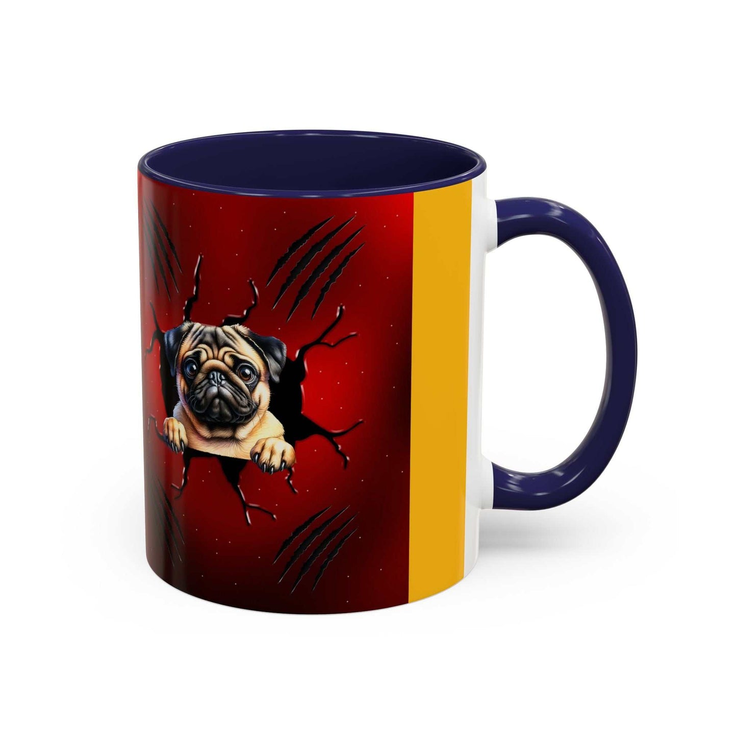 Accent Coffee Mug (11, 15oz) with pug design; white ceramic, glossy finish, colored interior and handle.