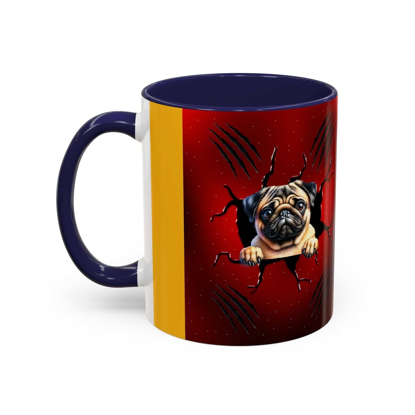 Accent coffee mug 11-15 oz with pug design, glossy finish, and colored interior and handle.