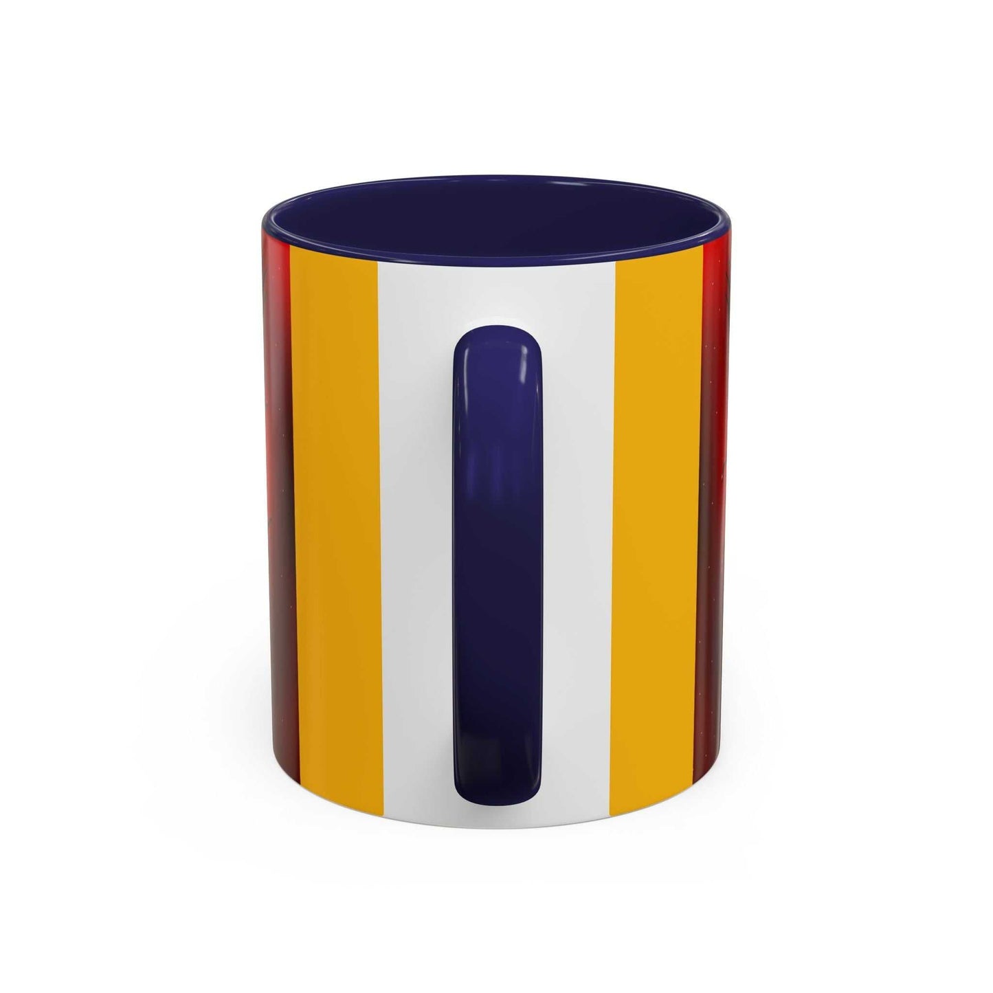 Accent coffee mug with colorful interior and handle, available in 11oz and 15oz sizes, featuring eye-catching contrast and ergonomic C-shaped handle.