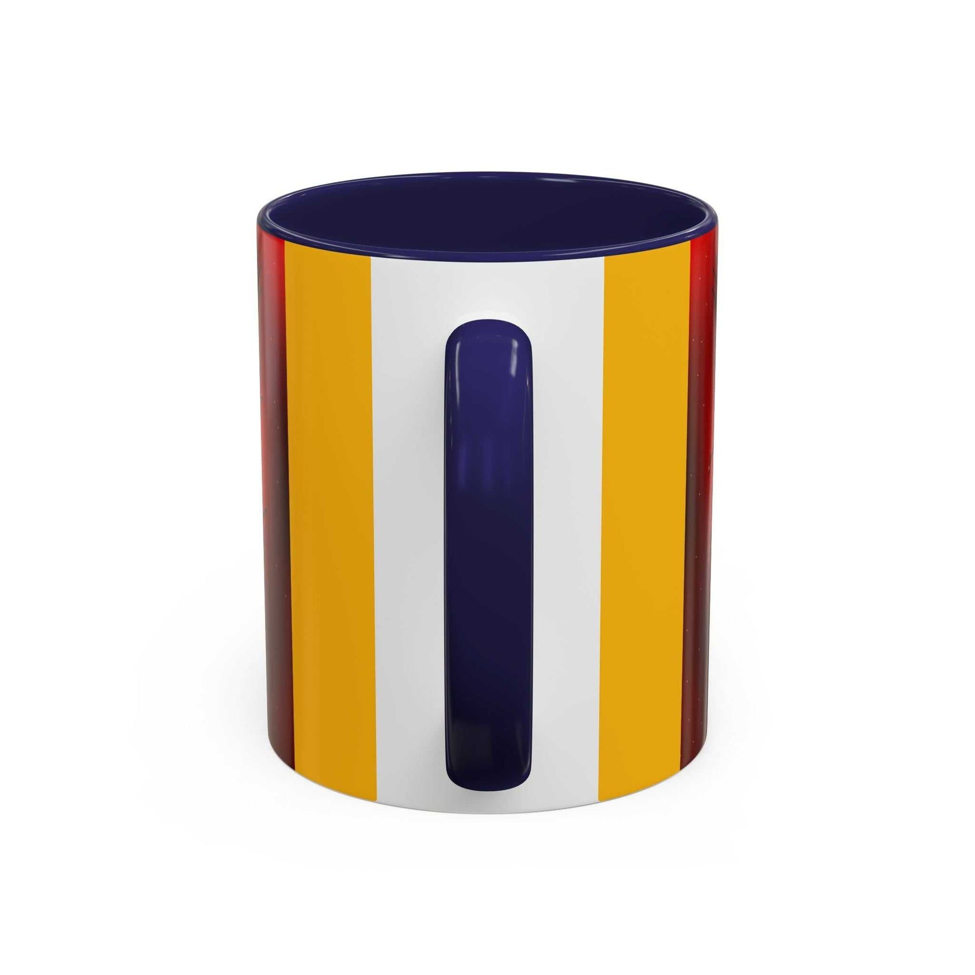 Accent coffee mug with colorful interior and handle, available in 11oz and 15oz sizes, featuring eye-catching contrast and ergonomic C-shaped handle.