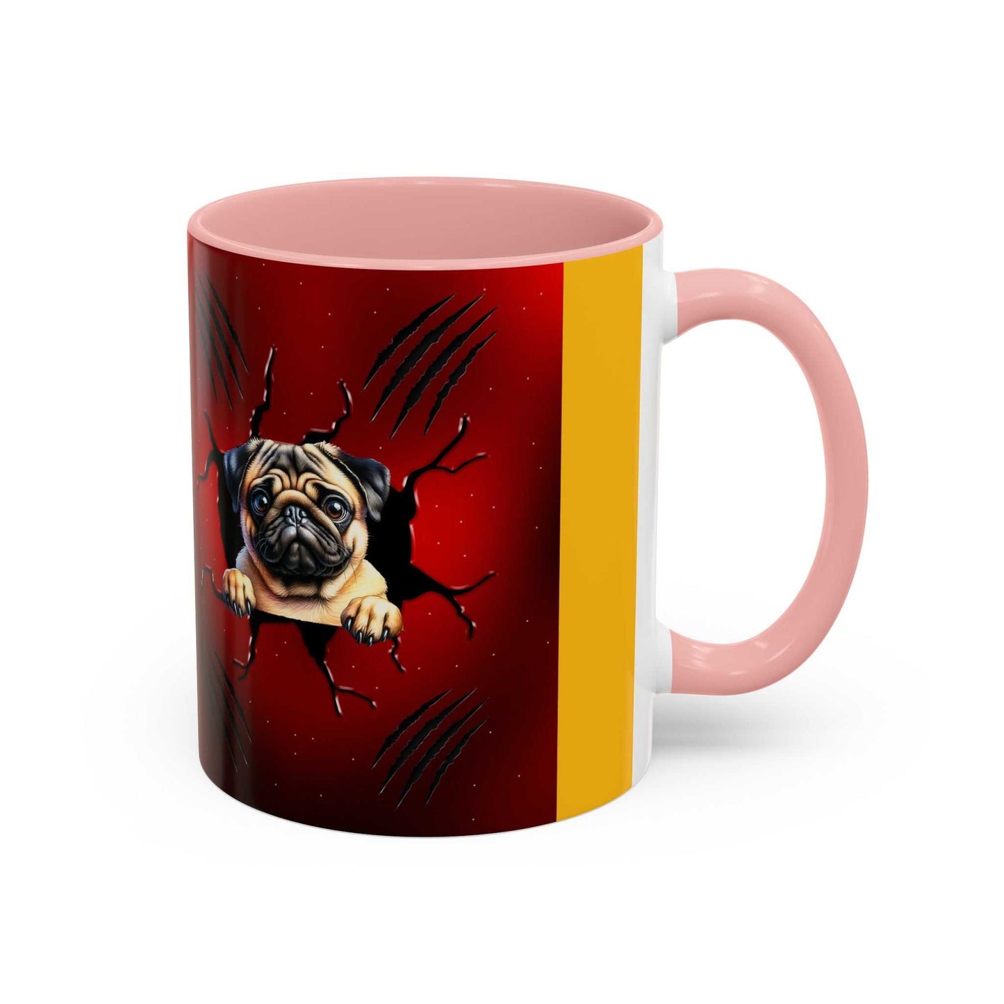Accent coffee mug 11-15 oz with pug design, pink handle, and interior on white ceramic with glossy finish.