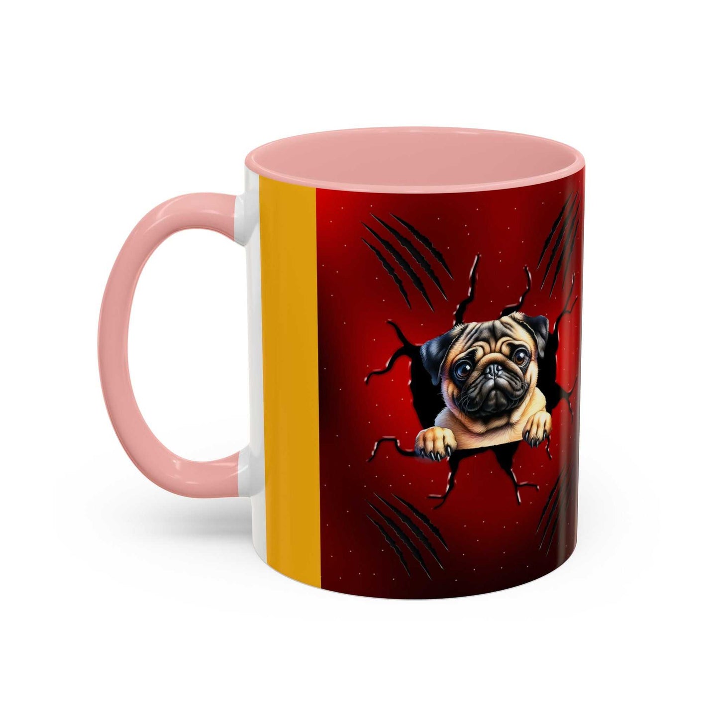 Accent coffee mug 11-15 oz with pug design, pink handle, and colored interior.
