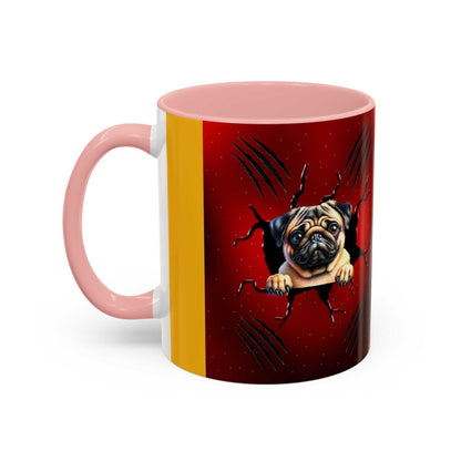 Accent coffee mug 11-15 oz with pug design, pink handle, and colored interior.