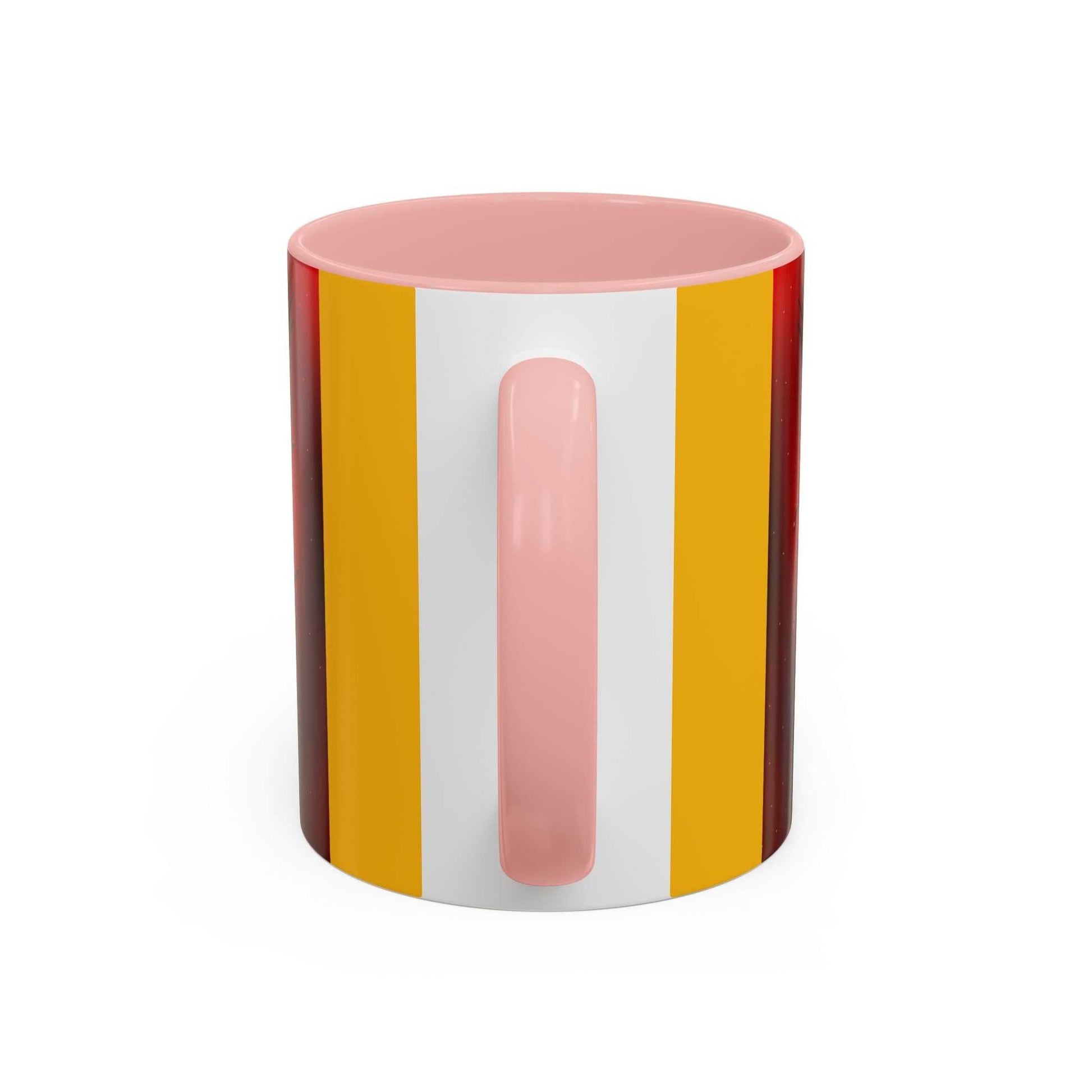 Accent coffee mug with colorful stripes, ergonomic C-shaped handle, and glossy finish, available in 11oz or 15oz sizes.