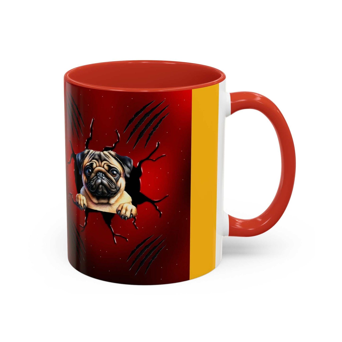 Accent coffee mug 11-15 oz with pug design, red interior and handle, glossy finish.
