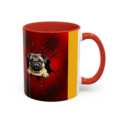 Accent coffee mug 11-15 oz with pug design, red interior and handle, glossy finish.