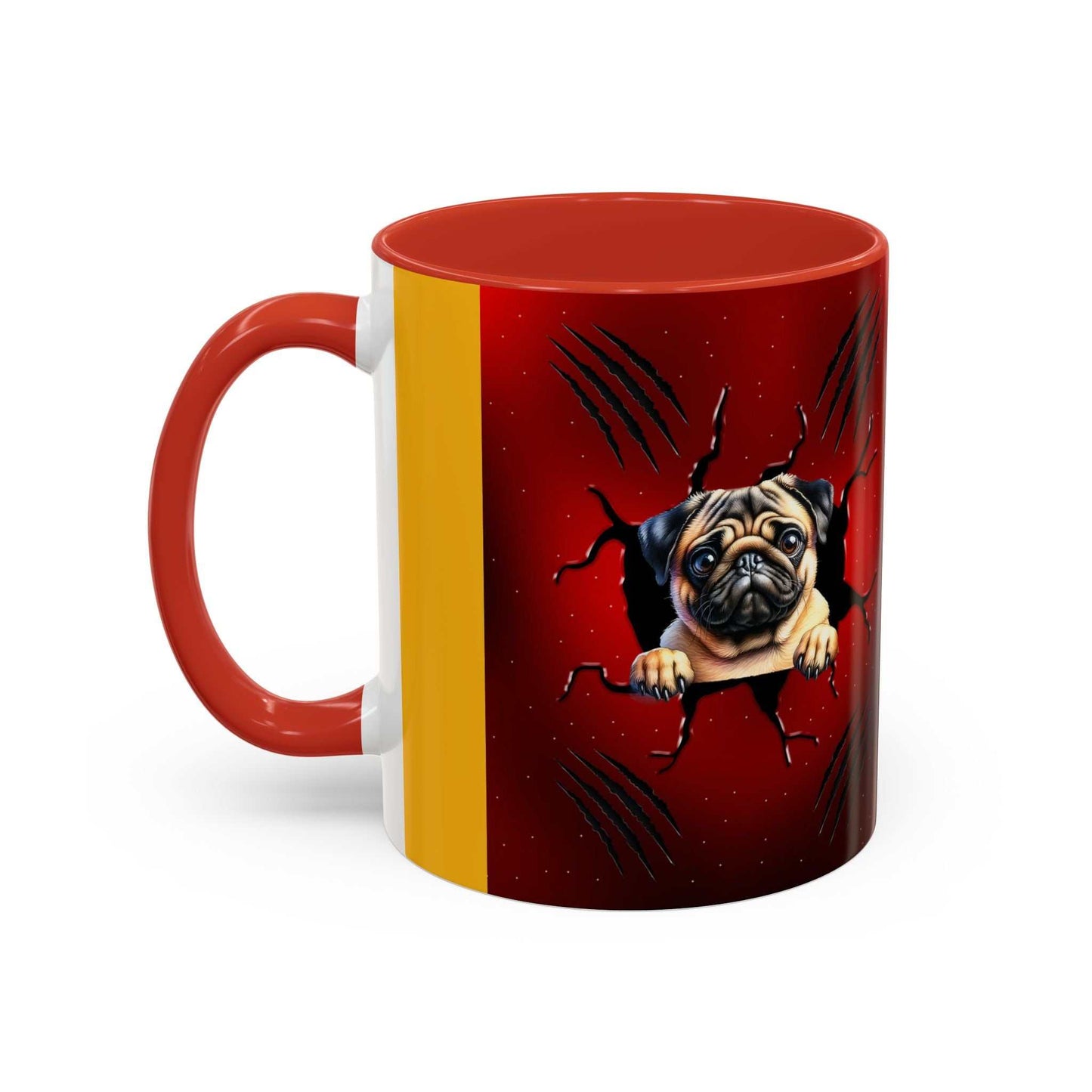 Accent Coffee Mug 11-15 oz with pug design, ceramic, glossy finish, red interior and handle.