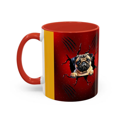 Accent Coffee Mug 11-15 oz with pug design, ceramic, glossy finish, red interior and handle.