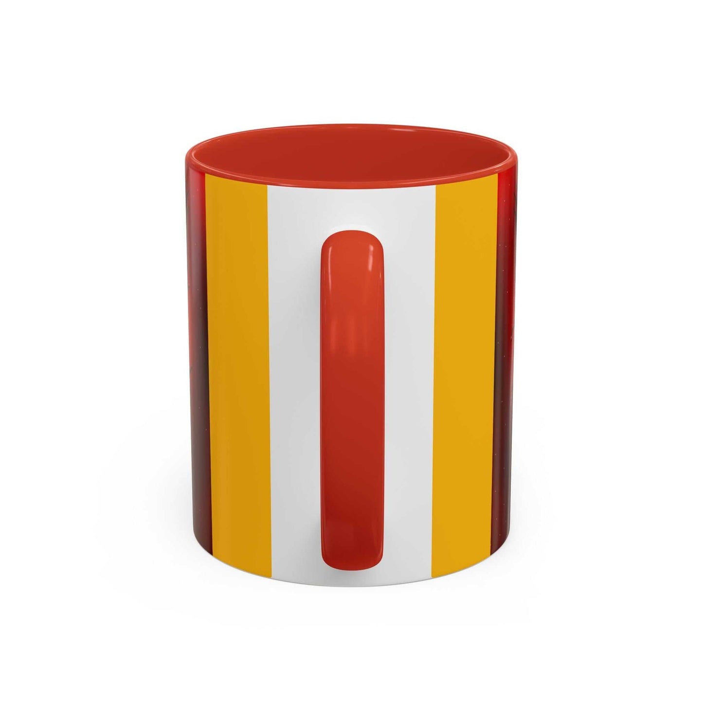 Accent coffee mug with red interior and multicolored stripe design, available in 11oz and 15oz sizes.