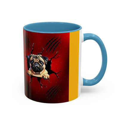 Accent coffee mug with colorful interior and pug design, 11-15 oz size.