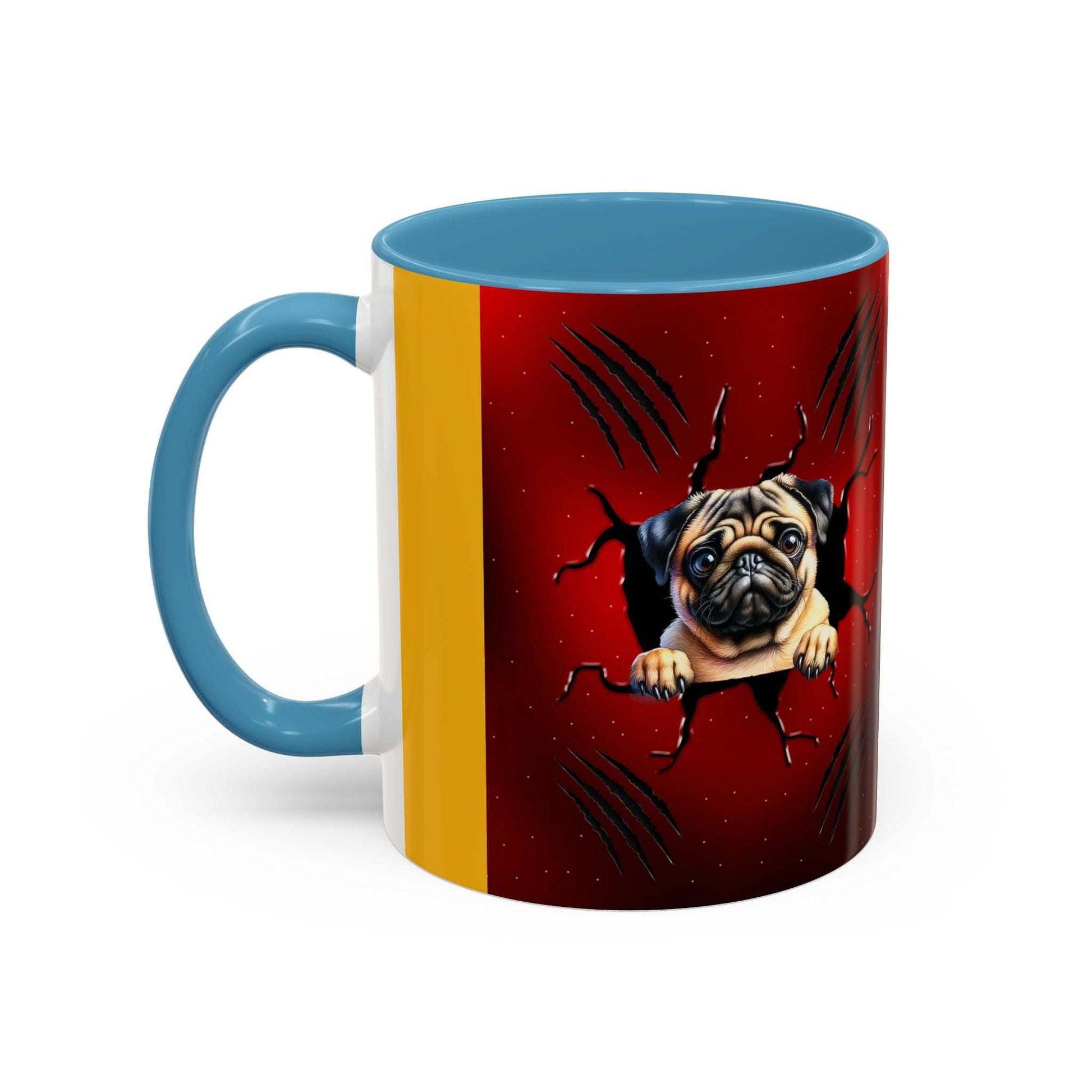 White ceramic accent coffee mug with colored interior and handle, featuring pug artwork, available in 11oz and 15oz sizes.