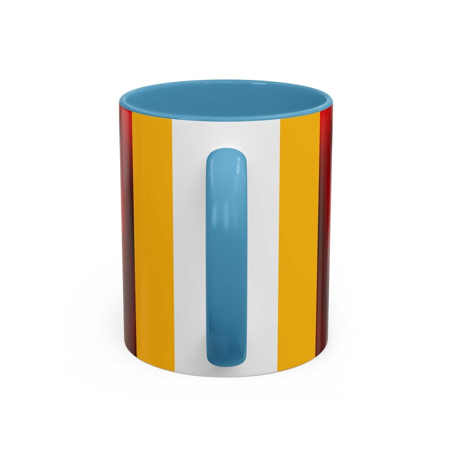 Colorful accent coffee mug with blue interior and handle, featuring a glossy finish and contrasting stripes, available in 11oz and 15oz sizes.