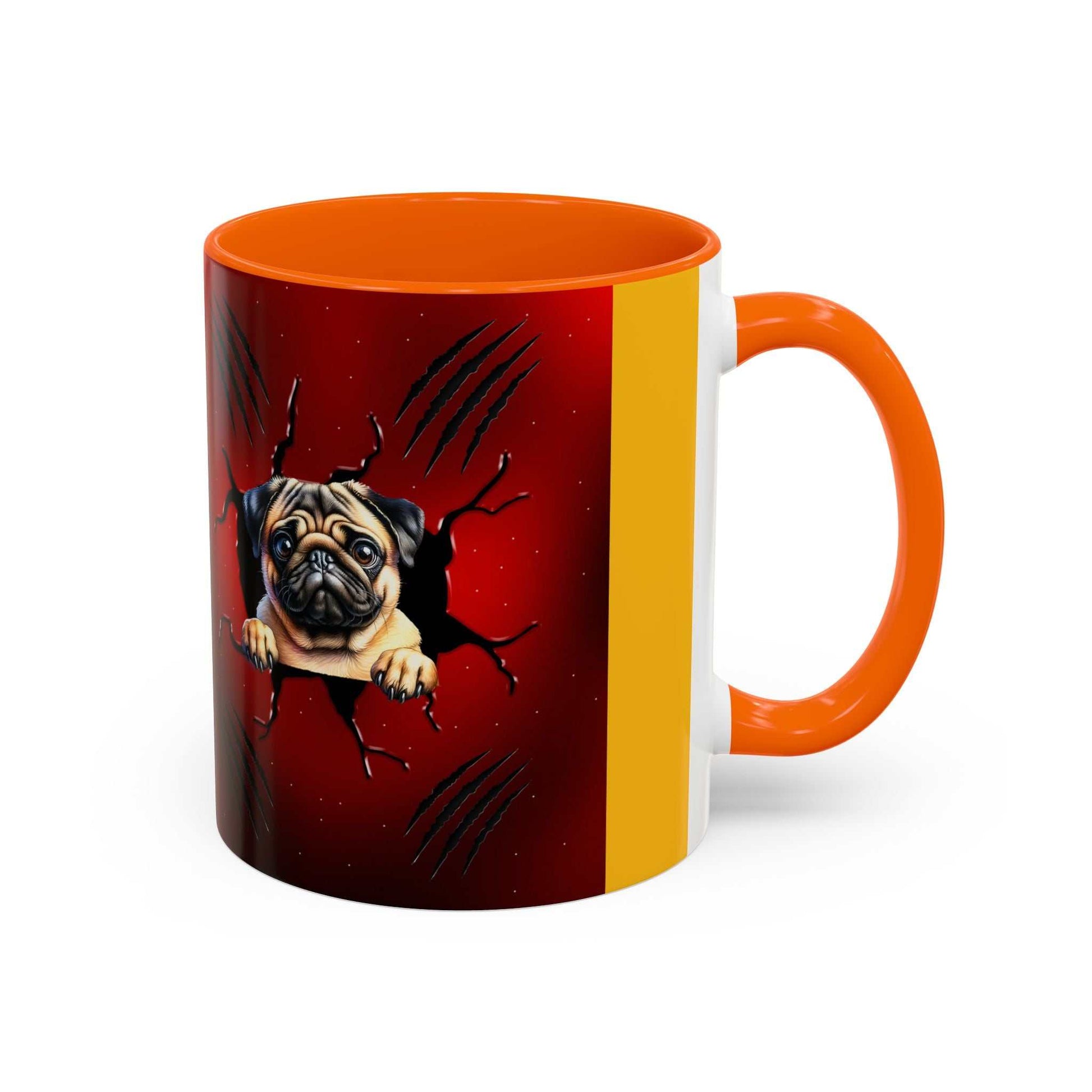Accent coffee mug with glossy finish, orange interior, and handle, featuring a pug design. Available in 11oz and 15oz.