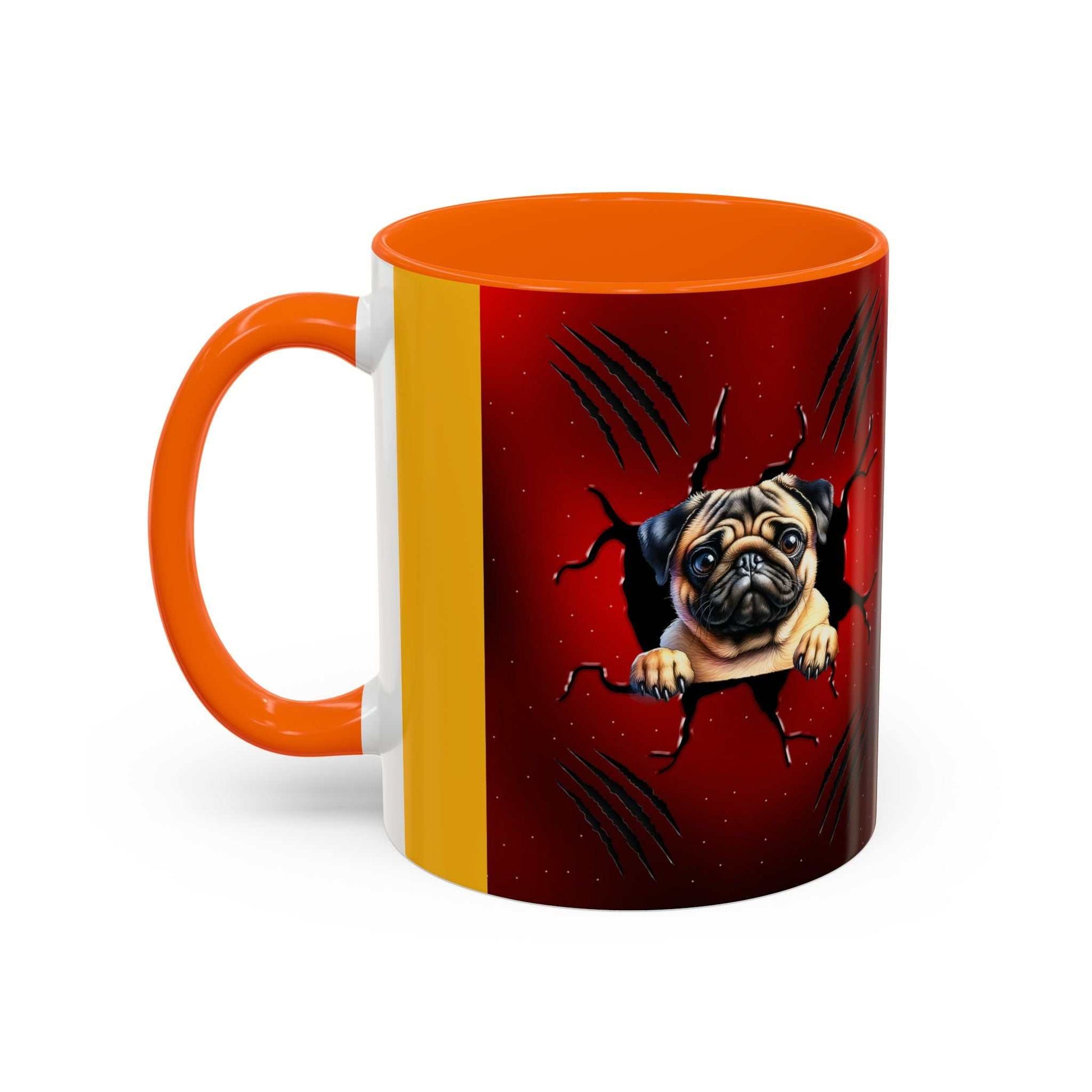 Accent coffee mug 11-15 oz with colorful interior, pug design, and ergonomic handle.