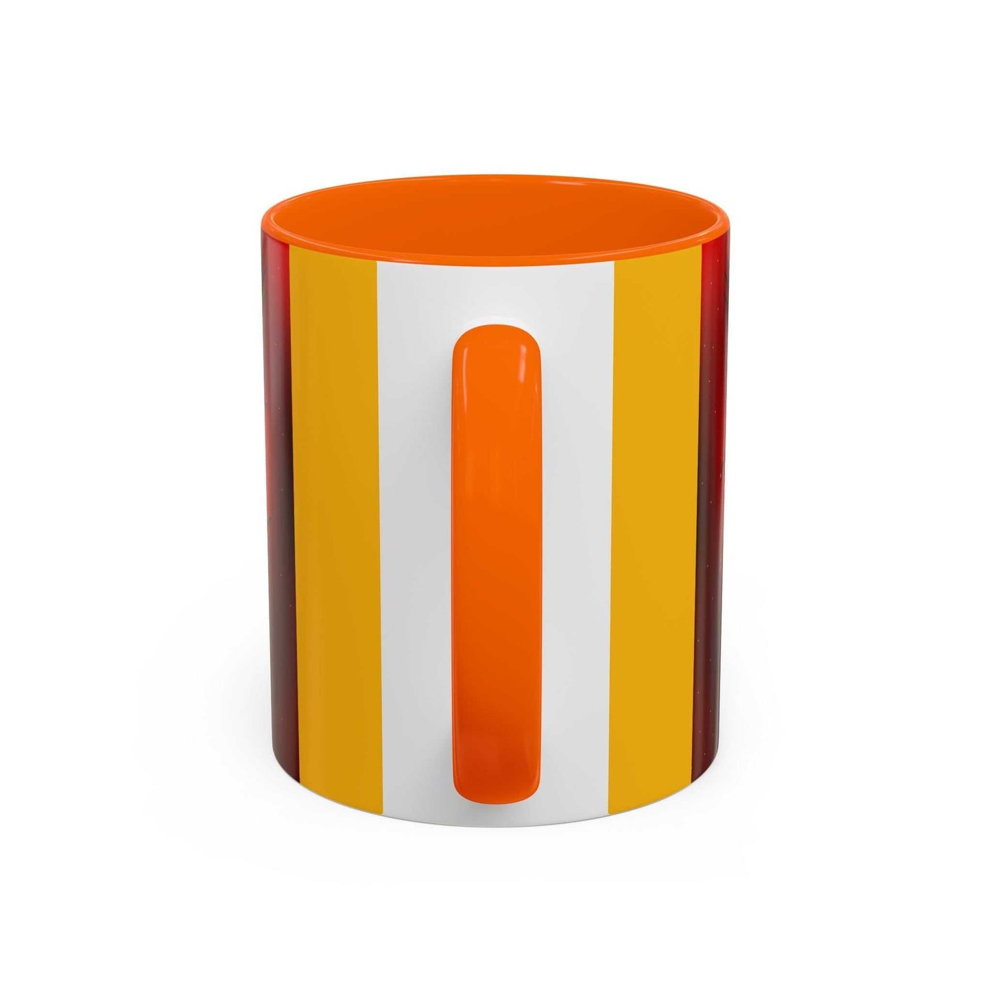 Accent coffee mug with orange interior and handle, featuring a stylish glossy finish and colorful vertical stripes. Available in 11oz and 15oz sizes.