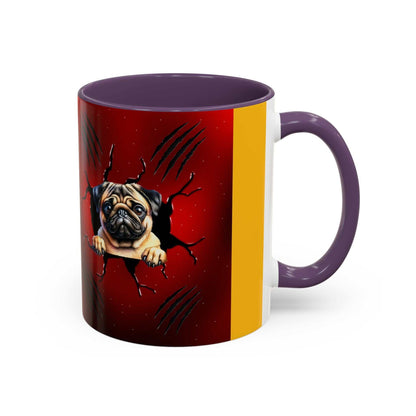 Ceramic accent coffee mug with pug design, 11-15 oz, glossy finish, and colored handle and interior.