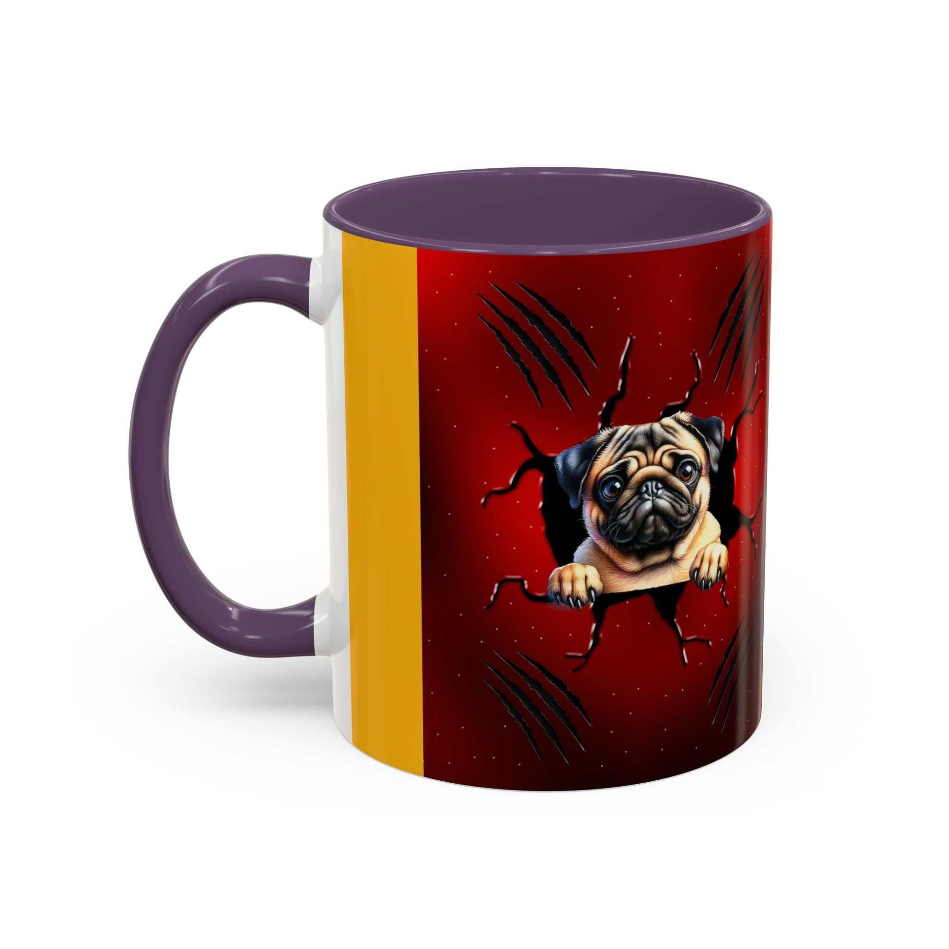 Accent coffee mug with pug design, 11-15 oz capacity, ceramic with glossy finish and colored handle.