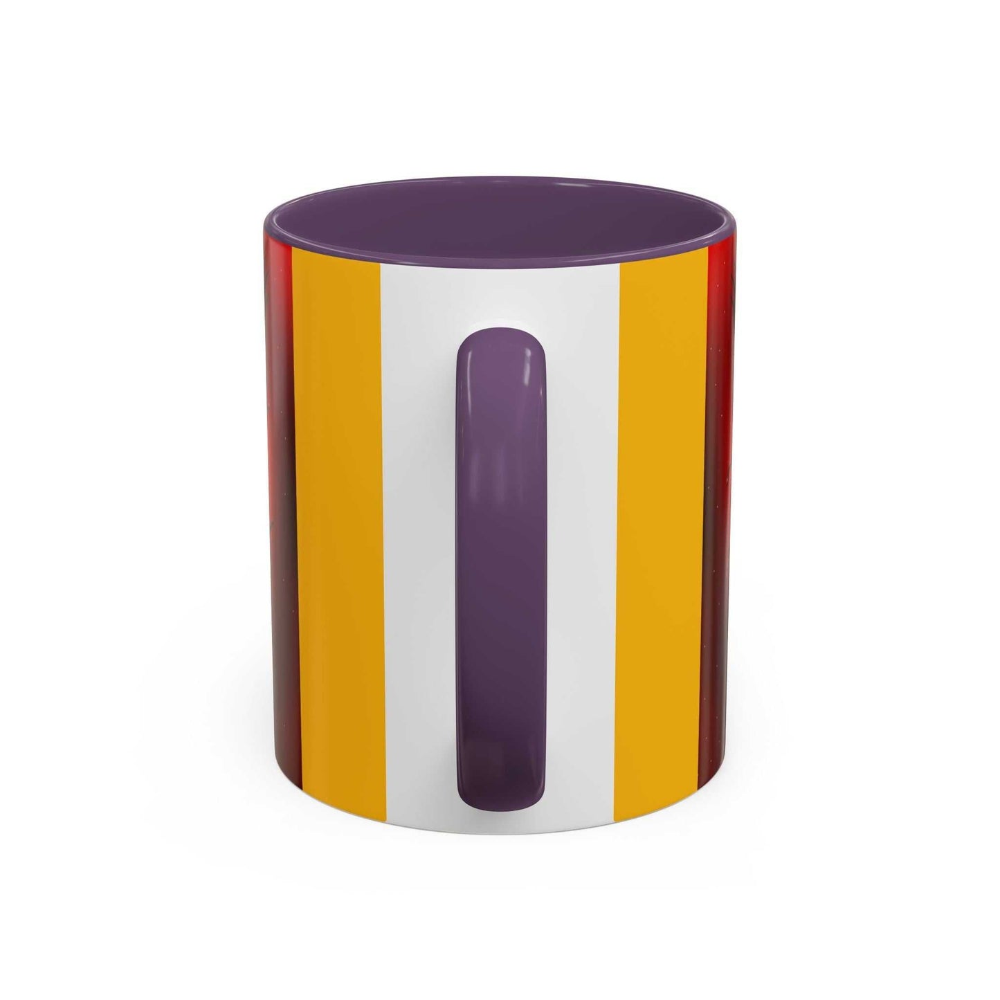 Accent coffee mug with multicolored stripes, available in 11oz and 15oz sizes, ceramic with glossy finish.