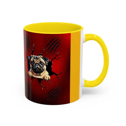 Accent coffee mug with yellow handle, featuring a pug design on a glossy red background, available in 11oz and 15oz sizes.