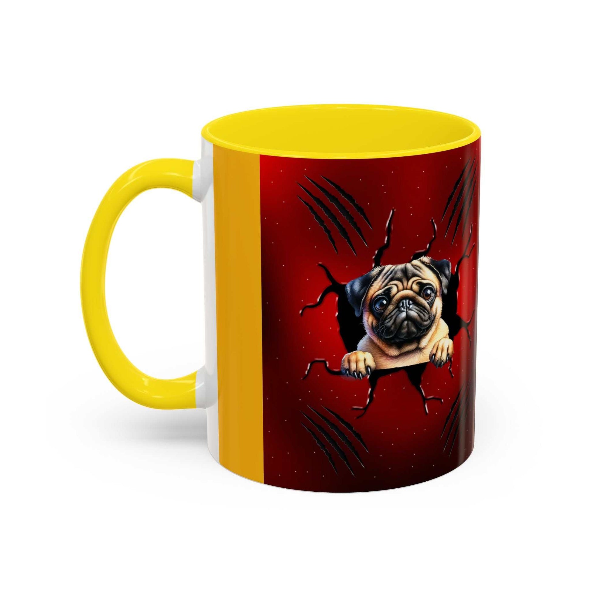 Accent coffee mug 11-15 oz with yellow interior, pug design, and glossy finish.