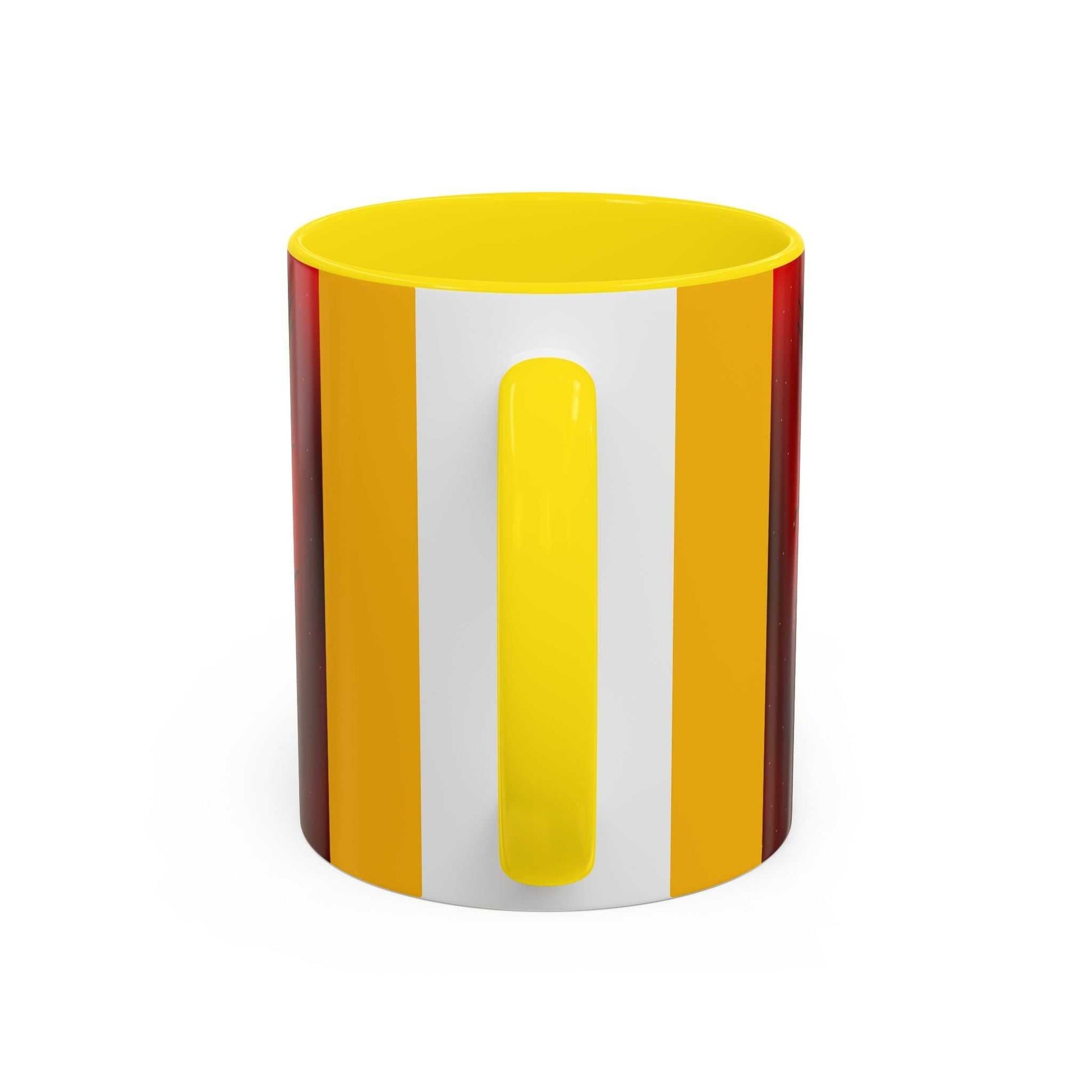 Accent coffee mug with yellow interior and handle, available in 11oz and 15oz, featuring glossy finish and stylish color contrast.