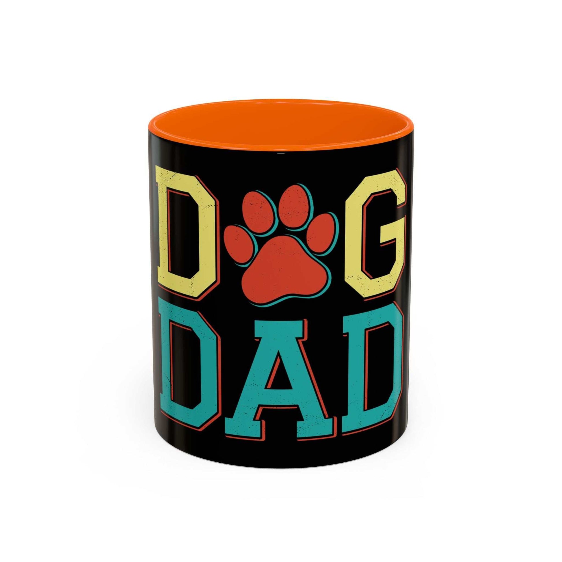 Accent Coffee Mug 11 15oz with "Dog Dad" design, black ceramic with orange interior, perfect for pet lovers.