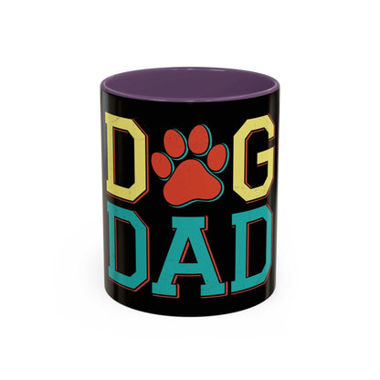 Accent Coffee Mug 11 15oz with "Dog Dad" design, black exterior, purple interior, ceramic.