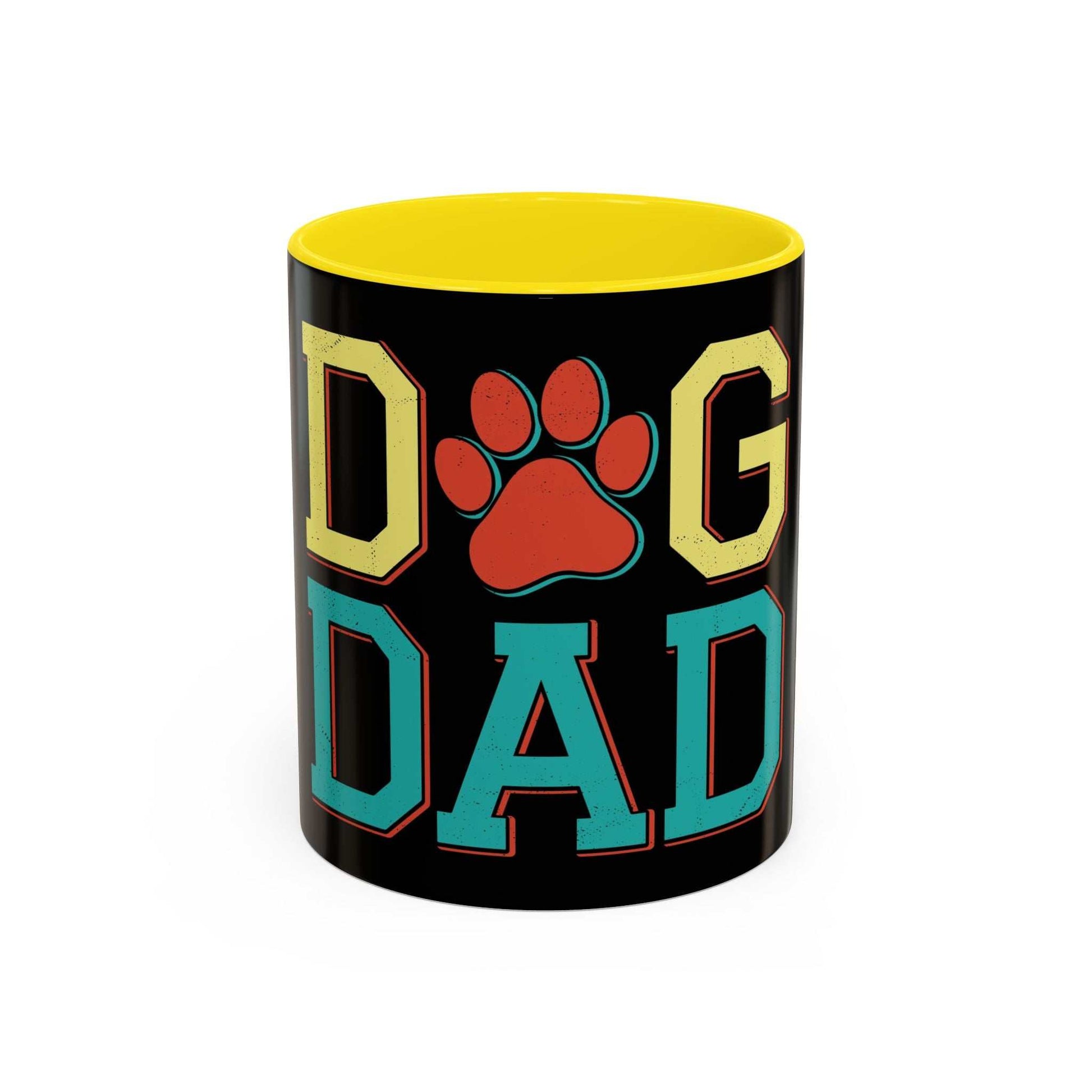 Accent Coffee Mug 11 15oz dog Dad with colorful text and paw print design on black ceramic, yellow interior.