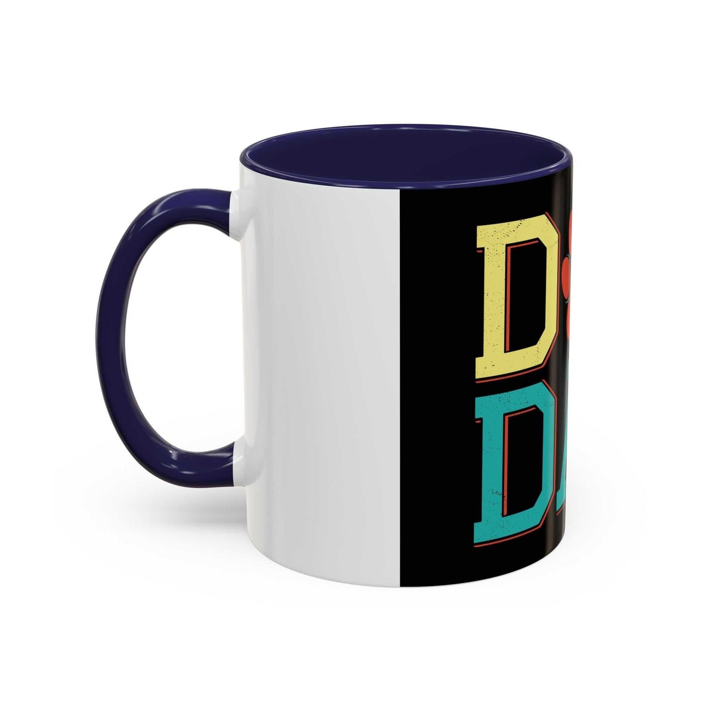 Accent Coffee Mug 11 15oz with "dog Dad" design, white ceramic, colored handle and interior.