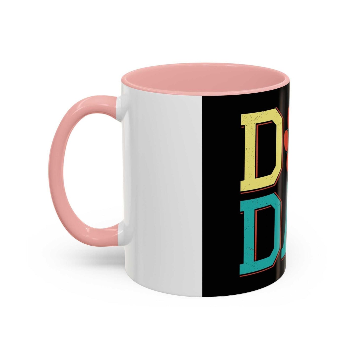 Accent Coffee Mug 11 15oz dog Dad with pink handle and interior, featuring colorful text design.