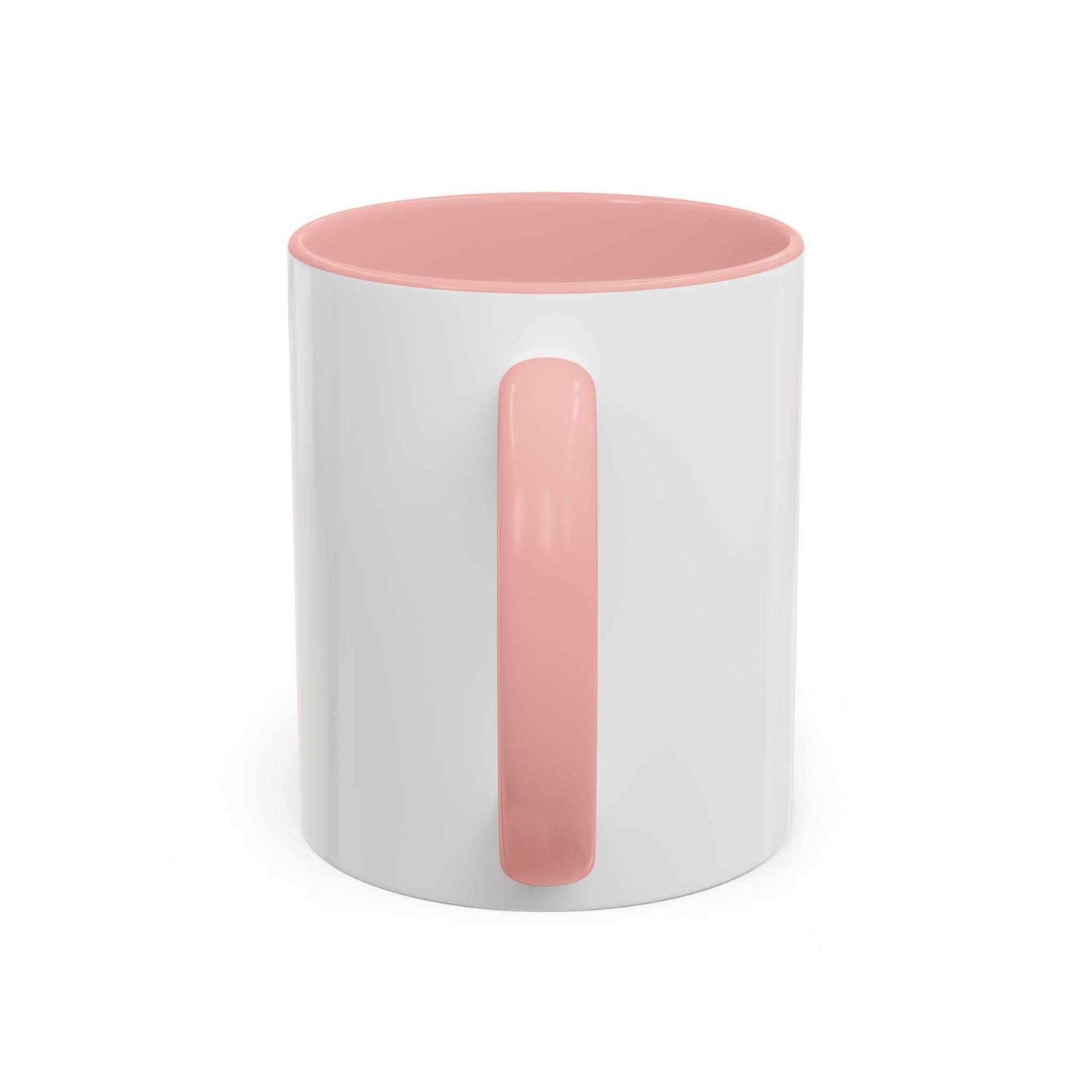 White ceramic accent coffee mug 11 15oz with pink handle and interior, dog Dad design.