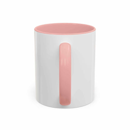 White ceramic accent coffee mug 11 15oz with pink handle and interior, dog Dad design.