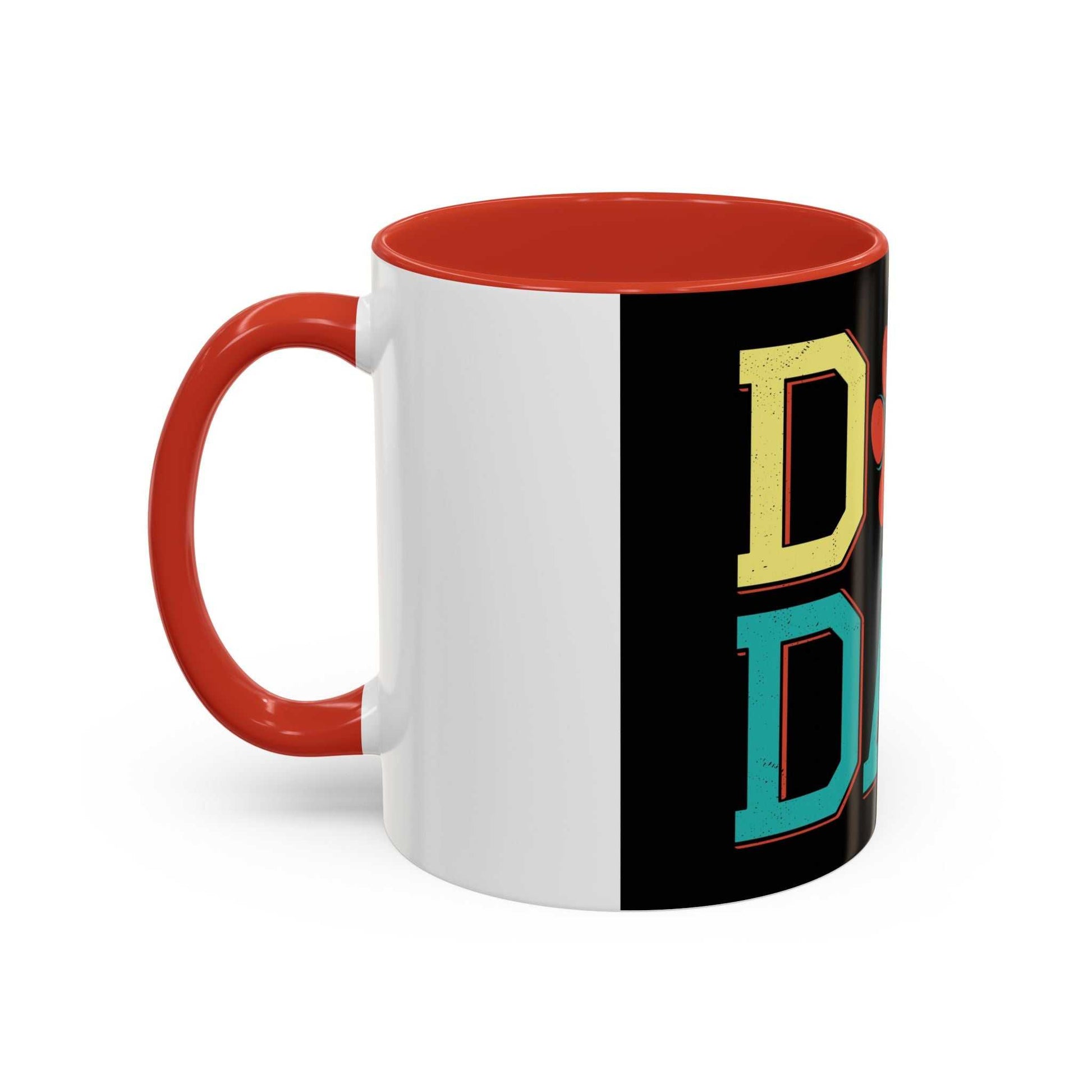 Accent Coffee Mug 11 15oz with "Dog Dad" design, white ceramic, red interior and handle, glossy finish.