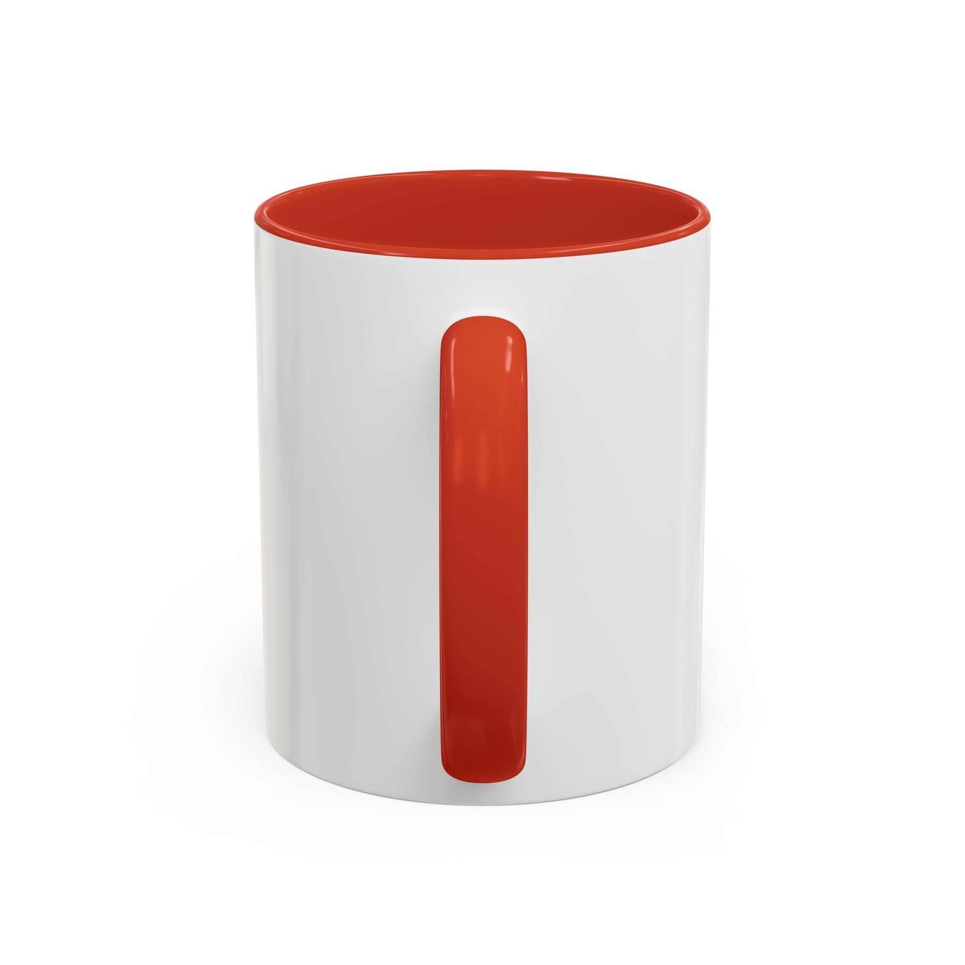 White ceramic mug with red interior and handle, perfect for dog dads, 11 to 15oz sizes.
