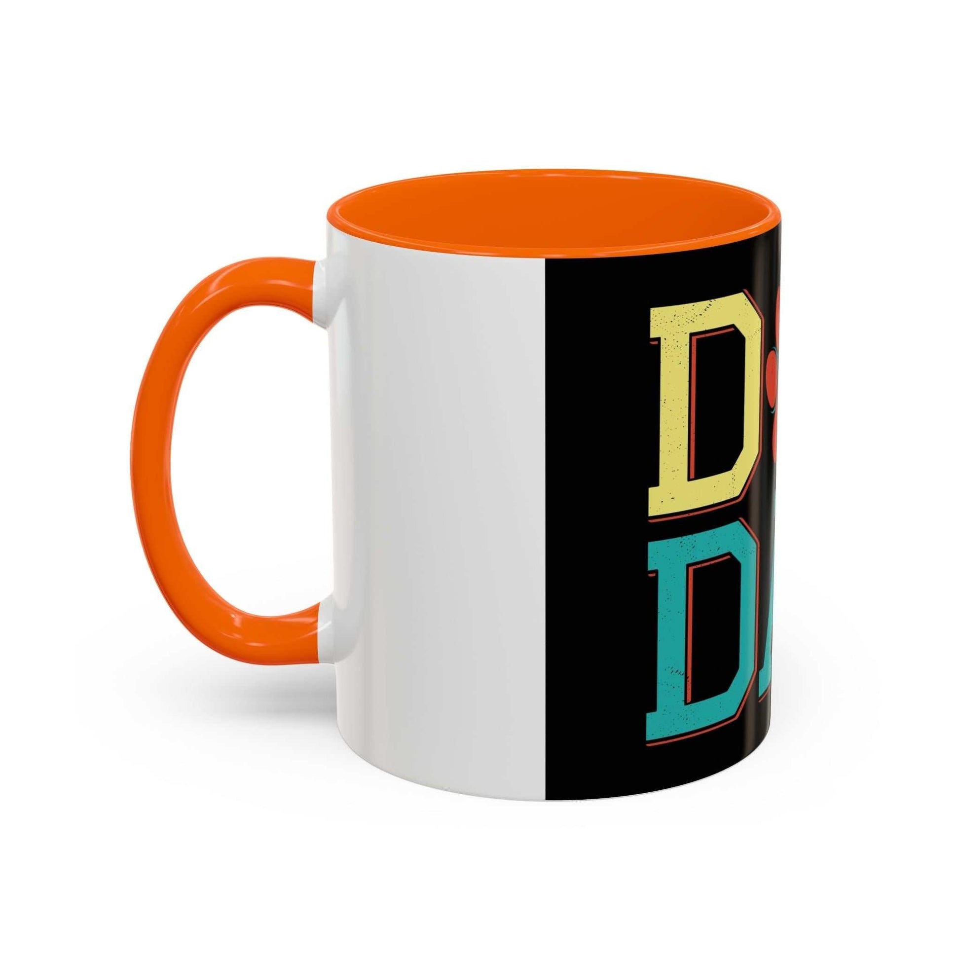 Accent Coffee Mug 11 15oz with "Dog Dad" design, white ceramic with orange interior and handle.